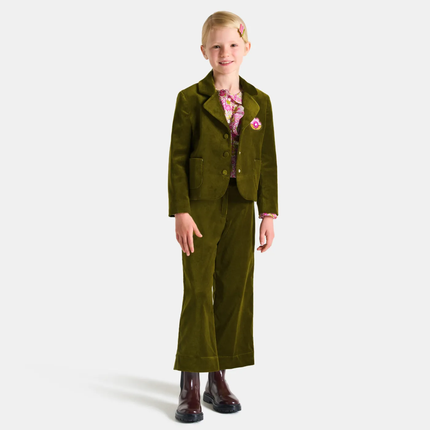 Pants And Sweatpants-Jacadi Girl wide-leg velour trousers Olive green