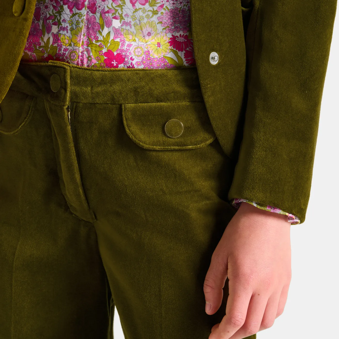 Pants And Sweatpants-Jacadi Girl wide-leg velour trousers Olive green